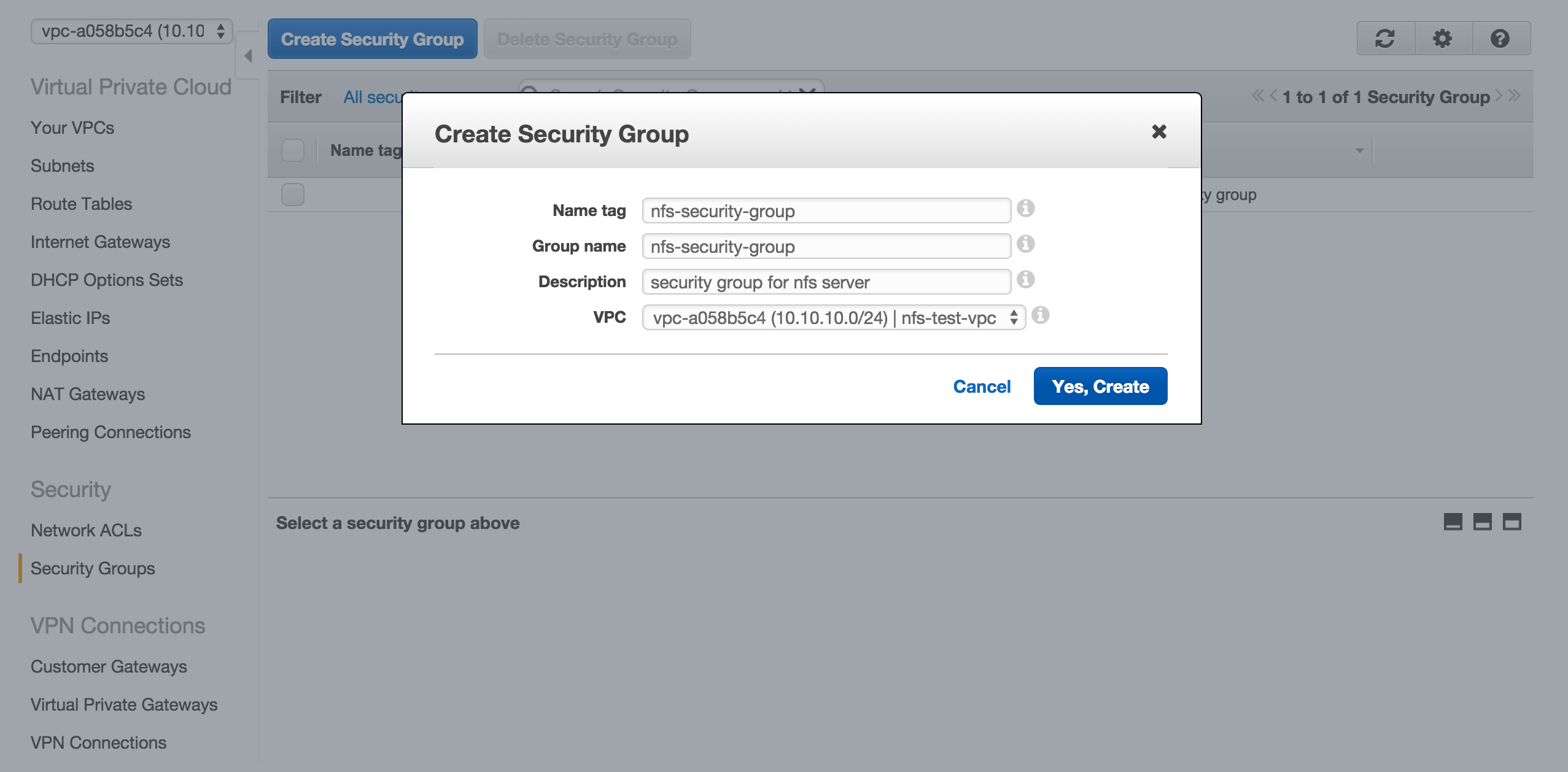 Create NFS Security Group
